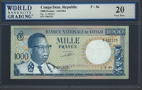 Congo Democratic Republic, P-08a, 1000 Francs, 1.8.1964 Signatures: A. Mbamu 20 Very Fine