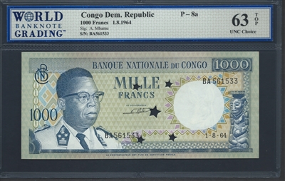 Congo Democratic Republic, P-08a, 1000 Francs, 1.8.1964 Signatures: A. Mbamu 63 TOP UNC Choice