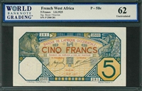 French West Africa, P-05Bc, 5 Francs, 1.8.1925, Signatures: Boyer/Nouvion, 62 Uncirculated