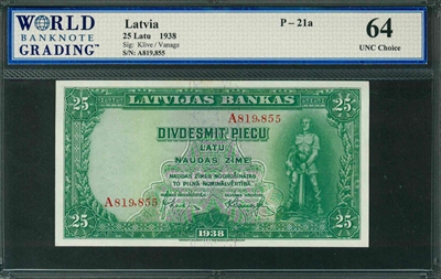 Latvia, P-21a, 25 Latu, 1938, Signatures: Klive/Vanags, 64 UNC Choice