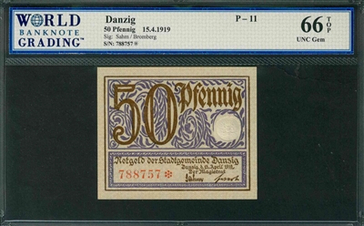 Danzig, P-11, 50 Pfennig, 15.4.1919, Signatures: Sahm/Bromberg, 66 TOP UNC Gem