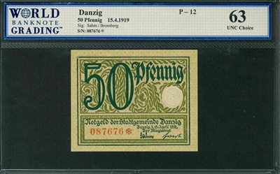 Danzig, P-12, 50 Pfennig, 15.4.1919, Signatures: Sahm/Bromberg, 63 UNC Choice