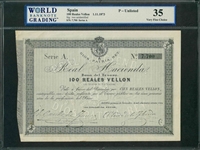 Spain, P-00 Unlisted, 100 Reales Vellon, 1.11.1873, Signatures: two unidentified, 35 Very Fine Choice