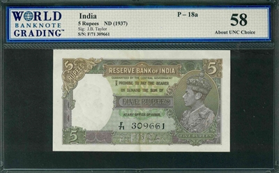 India, P-18a, 5 Rupees, ND (1937), Signatures: J.B. Taylor, 58 About UNC Choice