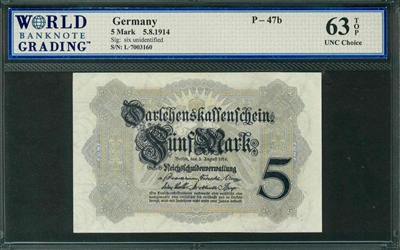 Germany, P-47b, 5 Mark, 5.8.1914, Signatures: six unidentified, 63 TOP UNC Choice