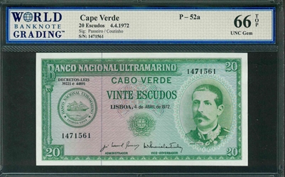 Cape Verde, P-52a, 20 Escudos, 4.4.1972, Signatures: Passeiro/Coutinho, 66 TOP UNC Gem