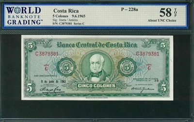 Costa Rica, P-228a, 5 Colones, 9.6.1965, Signatures: Iraeta/Jenkins, 58 TOP About UNC Choice