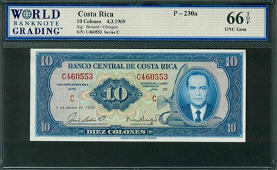 Costa Rica, P-230a, 10 Colones, 4.3.1969, Signatures: Bennett/Obregon, 66 TOP UNC Gem