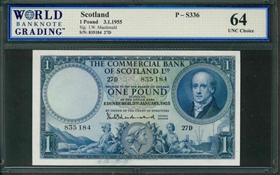 Scotland, P-S336, 1 Pound, 3.1.1955, Signatures: I.W. Macdonald,  64 UNC Choice 