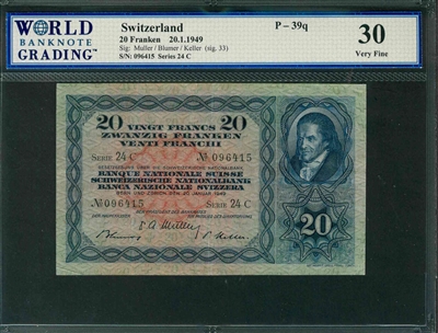 Switzerland, P-39q, 20 Franken, 20.1.1949</b><br />Signatures: Muller/Blumer/Keller (sig. 33)<br />30 Very Fine