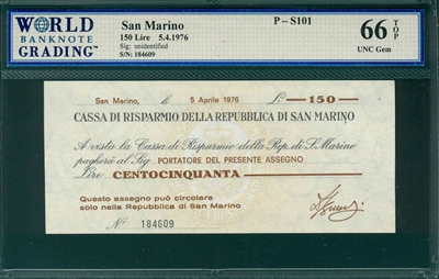 San Marino, P-S101, 150 Lire, 5.4.1976, Signatures: unidentified,  66 TOP UNC Gem 