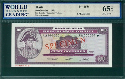 Haiti, P-258s, 100 Gourdes, 1991, Signatures: Perodin/Beauzile/Thebaud,  65 TOP UNC Gem,  SPECIMEN   