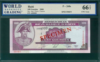 Haiti, P-268s, 100 Gourdes, 2000, Signatures: Jean/Pierre/Cassion,  66 TOP UNC Gem,  SPECIMEN   