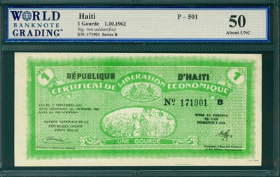 Haiti, P-501, 1 Gourde, 1.10.1962, Signatures: two unidentified,  50 About UNC 