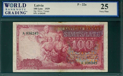 Latvia, P-22a, 100 Latu, 1939, Signatures: Klive/Vanags,  25 Very Fine, COMMENT:  margin stain 