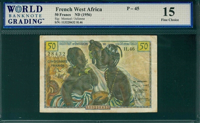 French West Africa, P-45, 50 Francs, ND (1956), Signatures: Montcel/Julienne,  15 Fine Choice 