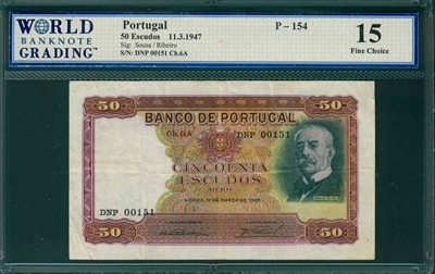 Portugal, P-154, 50 Escudos, 11.3.1947, Signatures: Sousa/Ribeiro,  15 Fine Choice, COMMENT:  pinhole 