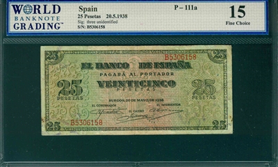 Spain, P-111a, 25 Pesetas, 20.5.1938, Signatures: three unidentified,  15 Fine Choice 