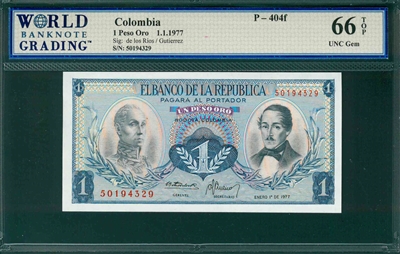 Colombia, P-404f, 1 Peso Oro, 1.1.1977, Signatures: de los Rios/Gutierrez,  66 TOP UNC Gem 