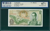 Colombia, P-406a(1), 5 Pesos Oro, 2.1.1961, Signatures: Robledo/de los Rios,  67 TOP UNC Superb Gem 