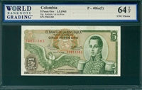 Colombia, P-406a(2), 5 Pesos Oro, 1.5.1963, Signatures: Robledo/de los Rios,  64 TOP UNC Choice 