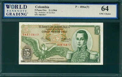 Colombia, P-406a(3), 5 Pesos Oro, 2.1.1964, Signatures: Robledo/de los Rios,  64 UNC Choice 