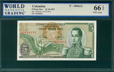Colombia, P-406b(2), 5 Pesos Oro, 12.10.1967, Signatures: Robledo/de los Rios,  66 TOP UNC Gem 