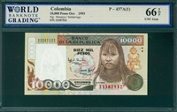Colombia, P-437A(1), 10,000 Pesos Oro, 1993, Signatures: Montoya/Saldarriaga,  66 TOP UNC Gem 