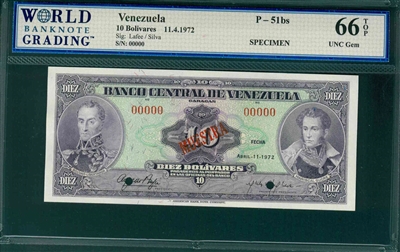 Venezuela, P-51bs, 10 Bolivares, 11.4.1972, Signatures: Lafee/Silva,  66 TOP UNC Gem,  SPECIMEN   