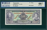 Venezuela, P-51es, 10 Bolivares, 27.1.1976, Signatures: Lafee/Silva,  66 TOP UNC Gem,  SPECIMEN   