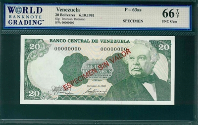 Venezuela, P-63as, 20 Bolivares, 6.10.1981, Signatures: Bruzual/Buenano,  66 TOP UNC Gem,  SPECIMEN   