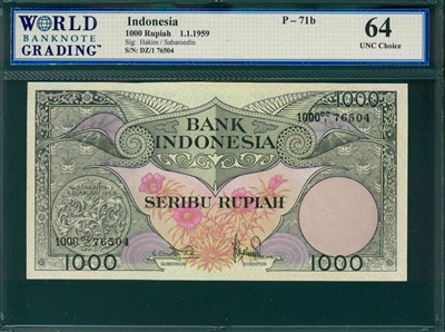 Indonesia, P-071b, 1000 Rupiah, 1.1.1959, Signatures: Hakim/Sabaroedin,  64 UNC Choice, COMMENT:  erased graffiti 