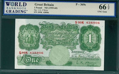 Great Britain, P-369c, 1 Pound, ND (1955-60), Signatures: L.K. O'Brien,  66 TOP UNC Gem 
