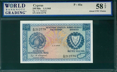 Cyprus, P-41a, 250 Mils, 1.3.1968, Signatures: C.C. Stephani,  58 TOP About UNC Choice 