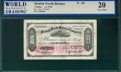 British North Borneo, P-28, 1 Dollar, 1.1.1936, Signatures: Smelt/Beckett,  20 Very Fine, COMMENT:  pinhole 