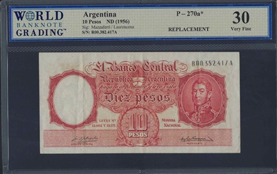 Argentina, P-270a*, 10 Pesos, ND (1956) Signatures: Mazzaferri/Laurencena, 30 Very Fine