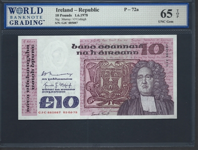 Ireland - Republic, P-72a, 10 Pounds, 1.6.1978, Signatures: Murray/O'Cofaigh, 65 TOP UNC Gem