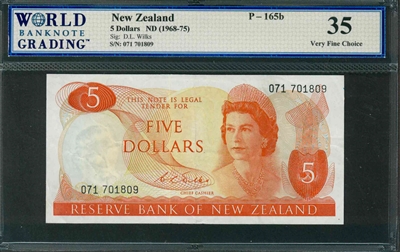 New Zealand, P-165b, 5 Dollars, ND (1968-75), Signatures: D.L. Wilks, 35 Very Fine Choice