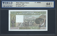 West African States, P-405Dh, 500 Francs, 1989, Signatures: Kone/Ouattara (sig. 21), 64 TOP UNC Choice