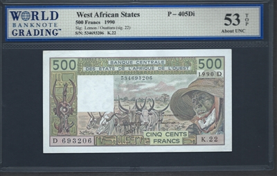 West African States, P-405Di, 500 Francs, 1990, Signatures: Lemon/Ouattara (sig. 22), 53 TOP About UNC