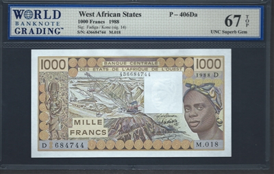West African States, P-406Da, 1000 Francs, 1988, Signatures: Fadiga/Kone (sig. 14), 67 TOP UNC Superb Gem