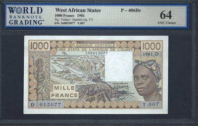 West African States, P-406Dc, 1000 Francs, 1981, Signatures: Fadiga/Algabid (sig. 17), 64 UNC Choice