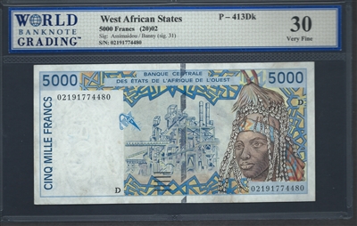 West African States, P-413Dk, 5000 Francs, (20)02, Signatures: Assimaidou/Banny (sig. 31), 30 Very Fine