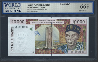 West African States, P-414Df, 10,000 Francs, (19)98, Signatures: N'Goran/Banny (sig. 28), 66 TOP UNC Gem