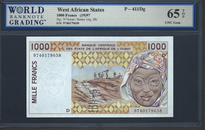 West African States, P-411Dg, 1000 Francs, (19)97, Signatures: N'Goran/Banny (sig. 28), 65 TOP UNC Gem