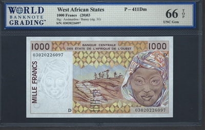 West African States, P-411Dm, 1000 Francs, (20)03, Signatures: Assimaidou/Banny (sig. 31), 66 TOP UNC Gem