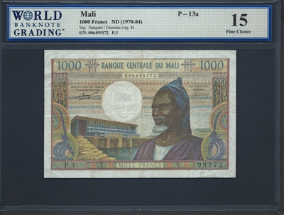 Mali, P-13a, 1000 Francs, ND (1970-84), Signatures: Sangare/Dussine (sig. 4), 15 Fine Choice
