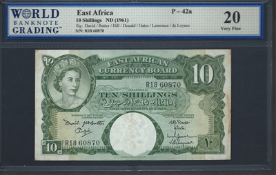 East Africa, P-42a, 10 Shillings, ND (1961), Signatures: David/Butter/Hill/Donald/Oates/Lawrence/ de Loynes, 20 Very Fine