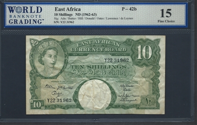 East Africa, P-42b, 10 Shillings, ND (1962-63), Signatures: Adu/Butter/Hill/Donald/Oates/Lawrence/de Loynes, 15 Fine Choice