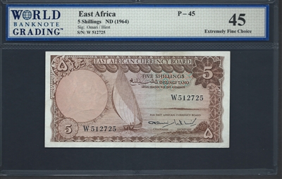 East Africa, P-45, 5 Shillings, ND (1964), Signatures: Omari/Hirst, 45 Extremely Fine Choice